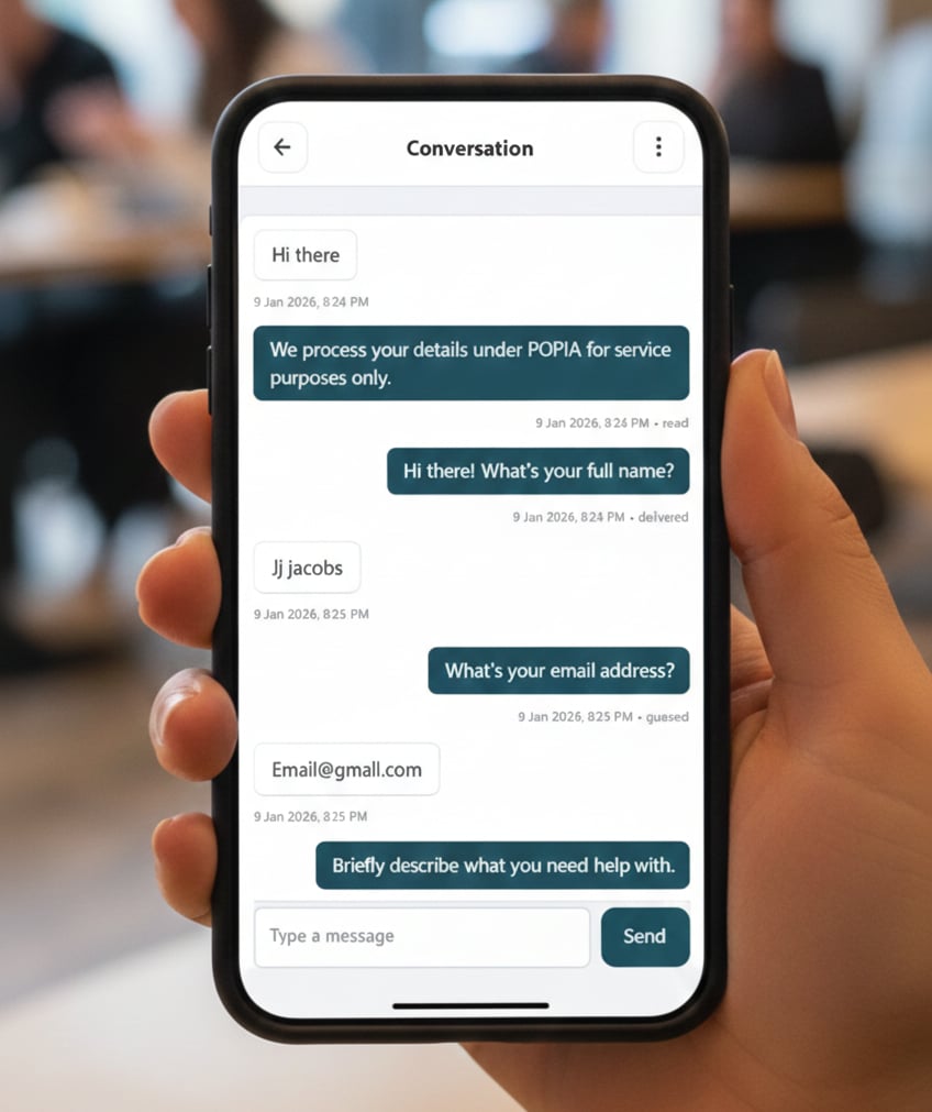 Client Compass app showing WhatsApp conversation thread