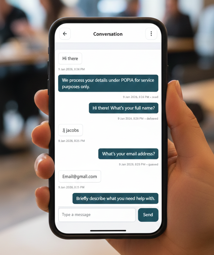 Client Compass app showing WhatsApp conversation thread